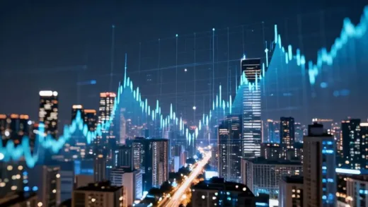 A futuristic cityscape with digital investment graphs overlaid, representing innovation and a path towards a digital economy.