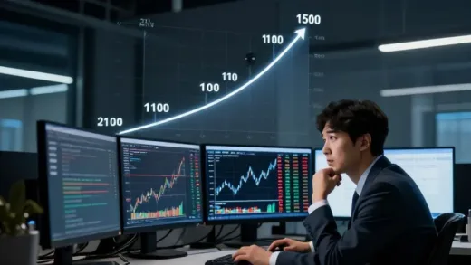 A dramatic infographic showing the Korean won to US dollar exchange rate skyrocketing from 1100 to 1500 over the past 20 years, with a concerned Korean businessperson looking at financial charts on multiple monitors in a modern office setting, dramatic lighting, detailed financial data visualization, professional photography style.