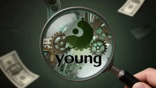 A magnifying glass over an Olive Young logo, revealing intricate business gears and money flowing. The atmosphere is mysterious and intriguing.