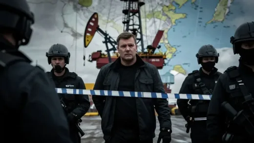 A dramatic political arrest scene, possibly with oil rigs or geopolitical maps in the background, hinting at a hidden agenda.