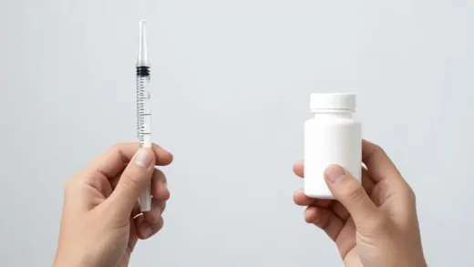 A person weighing options between an injectable pen and a pill bottle, representing choices in medical treatments, with a subtle scientific background related to weight loss drugs.