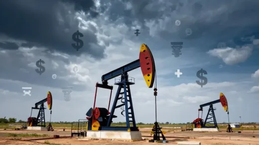 A striking image depicting a vast oil field in Venezuela, with subtle hints of currency symbols (dollar, yuan, crypto) swirling around the oil rigs, representing the shift away from the dollar. The sky should be dramatic, hinting at geopolitical tension.