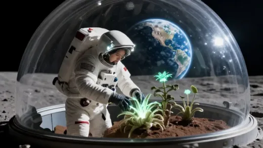 A futuristic scene of astronauts tending to glowing plants inside a transparent dome on the Moon or Mars, with Earth visible in the background, conveying hope and scientific advancement.