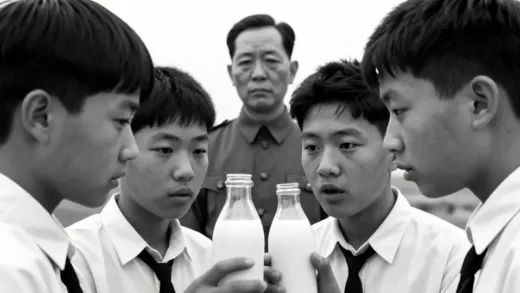 A black and white photo of Korean students in the 1960s looking at a bottle of white milk with curiosity, while in the background, a subtle image of President Park Chung-hee observing. The overall mood is historical and slightly challenging.