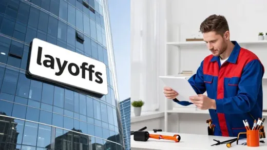 A split image showing a high-tech office building with a "layoffs" sign on one side, and a modern, well-equipped plumber or electrician at work on the other, contrasting old and new economic priorities.