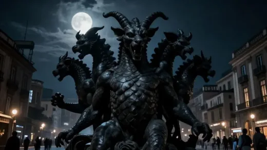 A dark, shadowy figure with multiple heads, resembling a hydra, subtly dominating a bustling Italian city of Naples under a moonlit sky, with hints of ancient architecture and modern urban life. Focus on the enigmatic and resilient nature of the organization.