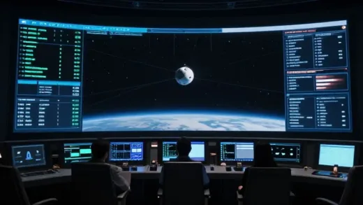 A futuristic control room on Earth with large screens showing data and a tiny representation of the Voyager probe in deep space, connected by a faint signal line.
