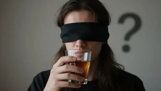 A person blindfolded, holding a glass of a drink, looking contemplative, with a question mark subtly integrated into the background, soft lighting, focus on mystery and taste.