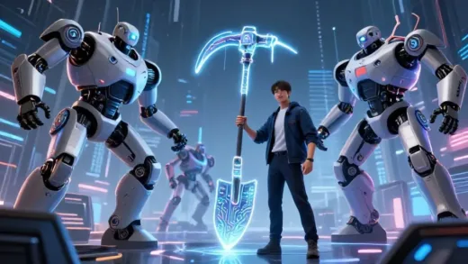 A futuristic battlefield where giant tech companies represented by sleek, powerful robots are clashing fiercely, illuminated by digital glows. In the background, a confident figure representing South Korea is calmly positioned, selling highly advanced, luminous pickaxes and shovels made of circuits and light, symbolizing AI infrastructure components. The scene is dynamic, with visible data streams and energy flows.