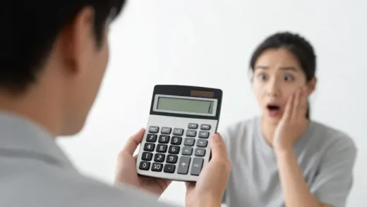 A person looking surprised while holding a calculator and seeing numbers that challenge their perception of wealth, with a clear distinction between an imagined opulent lifestyle and a more modest reality, illustrating the concept of financial discrepancy.