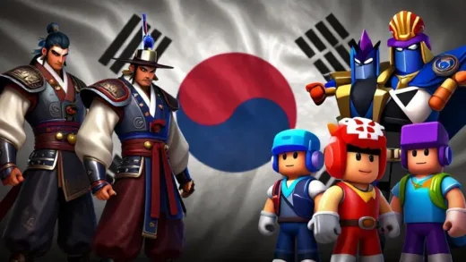 A dramatic split image showing traditional Korean MMORPG characters from Lineage on left and modern international game characters from Roblox, Brawl Stars, League of Legends on right, with a fading Korean flag in the background representing the changing game industry landscape