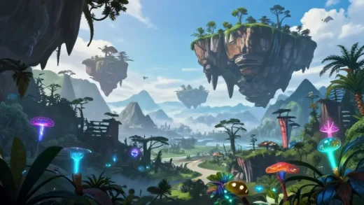 A captivating, vibrant illustration of the lush, alien landscape of Pandora from Avatar, with floating mountains and bioluminescent flora, symbolizing the blend of science fiction and real-world science. The image should evoke wonder and curiosity.