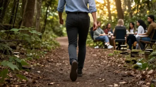 A person confidently stepping from a stable, well-lit corporate path onto a more adventurous, slightly challenging forest path. The forest path leads towards a warm, inviting community gathering around books, symbolizing leaving a corporate job for a startup and finding connection.
