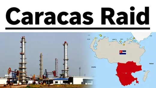A news headline showing 'Caracas Raid', with a contrasting background image of an oil refinery and a world map highlighting Venezuela and the US, suggesting a hidden agenda behind the public narrative.