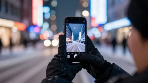 A close-up shot of hands bundled in gloves, holding a smartphone recording a vibrant, snowy city street at night, with blurred neon lights in the background, creating a sense of cold but exciting travel.