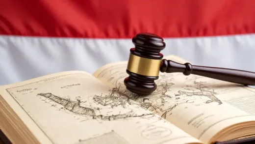 A gavel, an old book with a colonial-era map of Indonesia, and a modern Indonesian flag in the background, symbolizing legal reform and historical context.