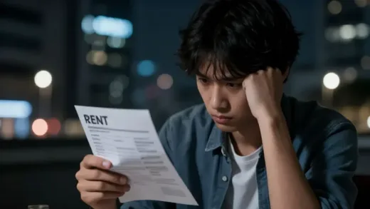 A young person looking stressed while holding a rent bill, with city lights in the background, conveying financial burden and anxiety. The atmosphere is melancholic and serious, with a focus on urban struggles.