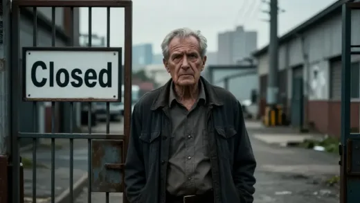 An old factory owner, looking determined but sad, standing in front of a closed factory gate. The gate has a sign "Closed". A blurry city landscape in the background. Cinematic, dramatic lighting.