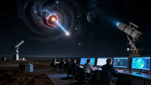 A vast cosmic landscape with distant supernovas shining like beacons, powerful telescopes on Earth observing the night sky, astronomers gathered in a control room looking at data. Realistic, scientific, awe-inspiring.