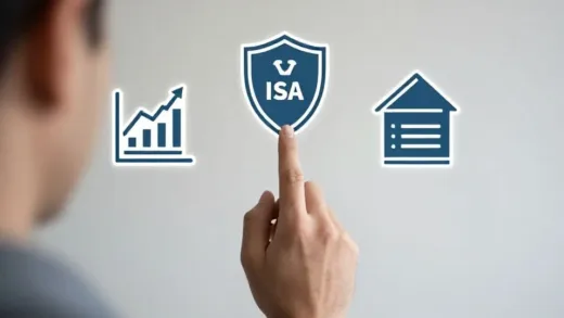 A person contemplating investment options with three different account icons floating above: a stock chart representing brokerage account, a tax shield symbol for ISA, and a retirement fund symbol for pension savings