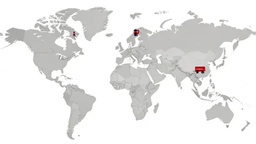 A world map highlighting all countries except North Korea and Cuba, with Coca-Cola bottles and red trucks delivering to remote African villages, showing global presence and accessibility of Coca-Cola products.