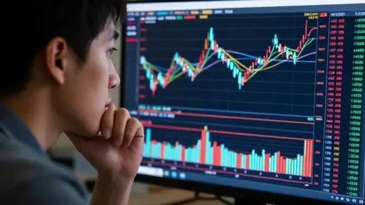 A person looking at a stock chart on a computer screen, with various lines and candles clearly visible. The person has a thoughtful yet determined expression, as if understanding complex data.