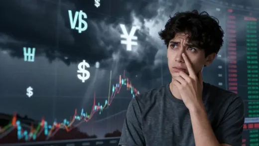 A confused person looking at a volatile stock market chart with currency symbols (won, dollar). The background shows a storm brewing. The atmosphere is anxious and uncertain.