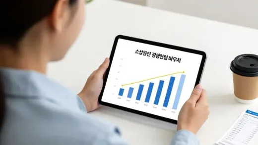 A smiling small business owner looking at a digital tablet with a bar chart showing reduced expenses, surrounded by everyday items like a coffee cup and a receipt. The overall tone is hopeful and stable, with Korean text "소상공인 경영안정 바우처" clearly visible on the tablet screen.