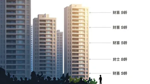 A stylized infographic of a 10-story apartment building, with each floor representing a different wealth level in South Korea. The lower floors are crowded and darker, while the higher floors are spacious and bathed in light. A small, curious person icon looks up at the building.