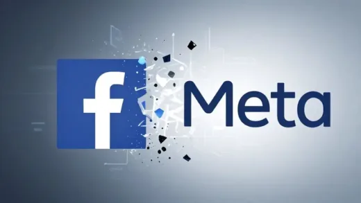 A conceptual image showing the transformation of the Facebook logo into the Meta logo, with fragmented digital elements and a sense of both ambition and challenge.