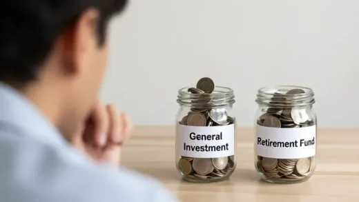 A person looking thoughtful, observing two separate money jars, one labeled 'General Investment' and the other 'Retirement Fund', illustrating the concept of separating financial worldviews for long-term planning, in a warm, encouraging tone.