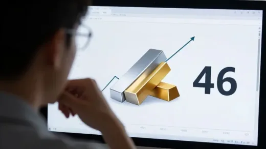 A person in front of a computer screen with silver bar and gold bar icons, looking thoughtful and slightly worried. The screen shows a rising price chart for silver and the number "46" prominently displayed. The overall atmosphere is modern and financially focused.