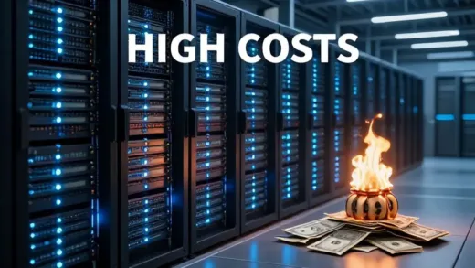A visual representation of a huge data center with glowing servers, representing high costs, combined with a metaphor of money burning, with a small percentage of paying users.