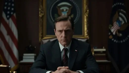 A dramatic shot of a character in a dimly lit office, a presidential portrait subtly in the background, conveying a sense of ambition and power, cinematic style.