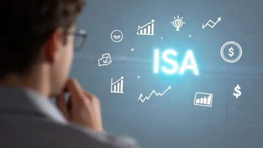 A person looking thoughtfully at a financial graph with various investment icons, with a subtle glow around an "ISA" text, conveying smart financial planning.