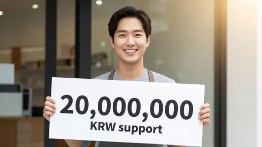 A hopeful small business owner looking at a bright future, with a sign showing "20,000,000 KRW support", in a warm, encouraging style.