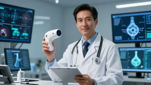 A radiant doctor, confidently using an AI diagnostic tool, surrounded by medical charts and screens. The atmosphere is professional and innovative, highlighting the synergy between human expertise and advanced AI technology.