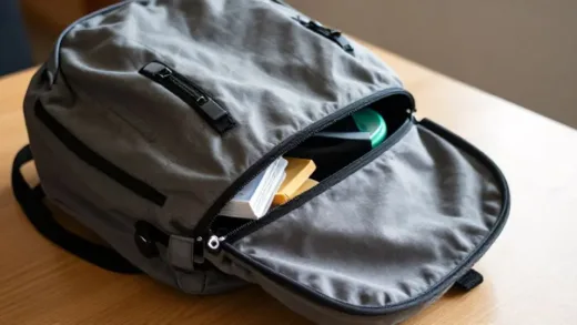 An open, well-worn backpack on a table, revealing a glimpse of various items inside, some peeking out. The overall scene suggests curiosity and discovery.
