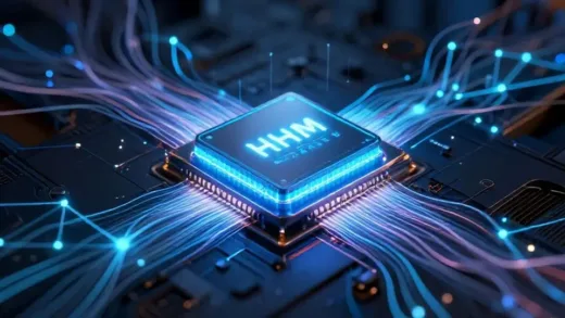 A futuristic, glowing HBM chip at the heart of an AI server, with a digital representation of data flowing rapidly around it, surrounded by abstract, glowing AI network lines, deep tech, intricate, high detail, cyberpunk aesthetic