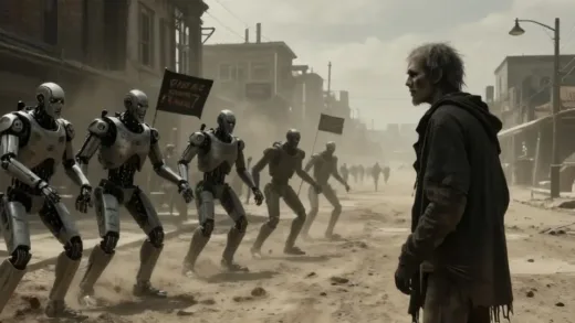 A pre-apocalyptic city street with angry protestors against humanoid robots, contrasting with a desolate, dusty wasteland featuring a lone, grizzled ghoul (Cooper Howard) looking into the distance.