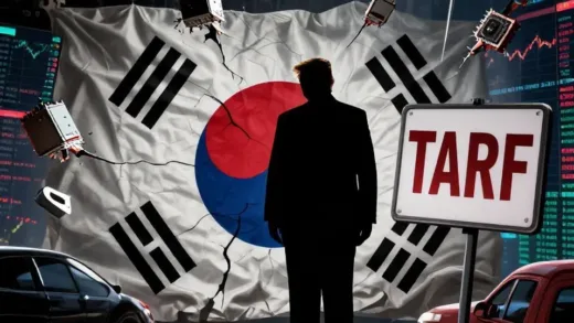 A dramatic image depicting a cracked South Korean flag with a silhouette of Donald Trump in the background, surrounded by falling stock market charts and a looming tariff sign. The atmosphere should be tense and uncertain, with elements of industry like cars or semiconductors subtly visible.