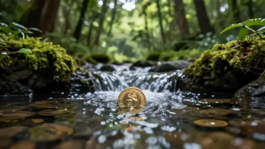 A clear, flowing spring in a lush green forest, with a golden coin subtly integrated into the water, symbolizing endless wealth. The setting is serene and prosperous.