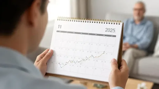 A person looking thoughtfully at a calendar, with a subtle overlay of financial growth charts and a comfortable retirement scene in the background. The mood is proactive and hopeful.