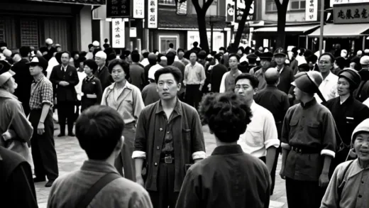 1945, a street scene in Seoul (then Gyeongseong) immediately after liberation, with a diverse crowd gathered in a public square, a mix of Korean and some lingering Japanese presence, reflecting a moment of significant historical change. Dramatic lighting, a sense of uncertainty and transition.