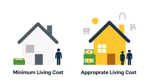 A dynamic graphic illustrating two distinct budget categories: "Minimum Living Cost" and "Appropriate Living Cost." On one side, a simple, minimalist home icon with a small money stack and a single person silhouette. On the other, a slightly larger, more vibrant home icon with a larger money stack, two person silhouettes, and small icons representing dining, social events, and hobbies. Use a clean, infographic style with clear labels.