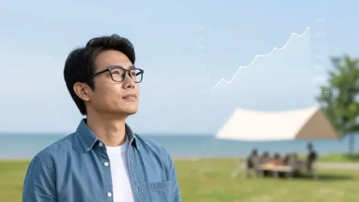 A person looking confidently into the future, with a background showing a peaceful retirement scene and subtle financial charts, symbolizing wise long-term planning and financial foresight.