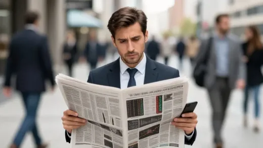 An individual investor looking confused while holding a newspaper and a smartphone with stock charts, with a blurred background of many people already moving ahead.