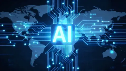 A visually striking image of glowing digital circuits intertwined with power lines, symbolizing AI's reliance on electricity, set against a backdrop of a global map with energy crisis indicators. Dynamic, futuristic, high-tech.