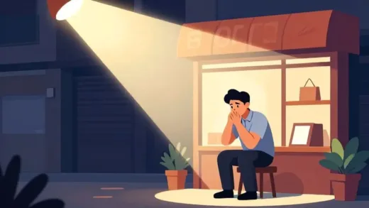 A ray of light shining on a struggling small business owner looking worried in front of their shop. The light symbolizes hope and relief. Dynamic, modern illustration style.