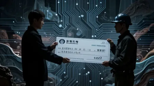 A shadowy figure of a government official extending a large check for 2 trillion won to a miner, with an abstract background showing intertwined circuits and geological layers, signifying the hidden connection between finance, technology, and raw materials. The mood is mysterious and strategic.
